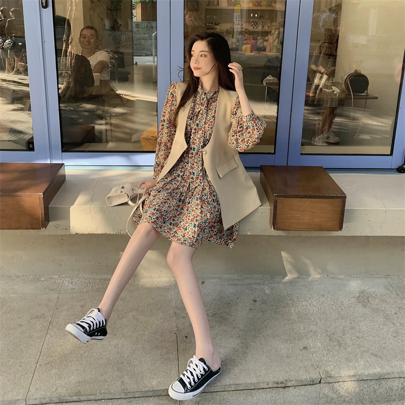 Floral Dress and Blazer Vest Two-Piece Set Spring 2025