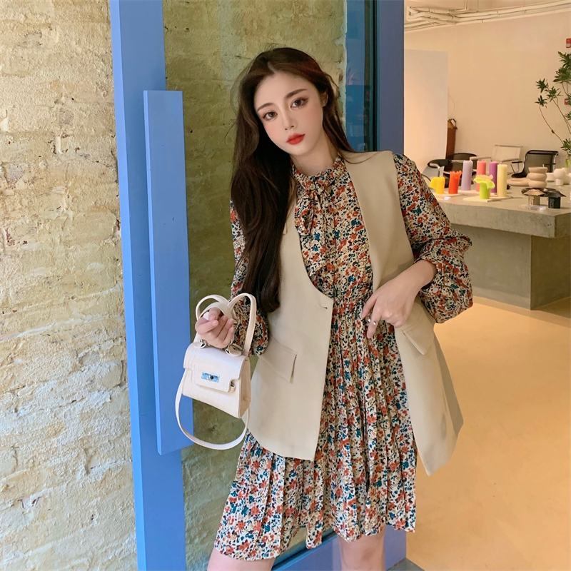 Floral Dress and Blazer Vest Two-Piece Set Spring 2025