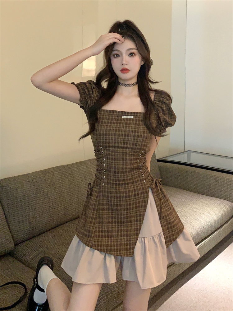 2025 Sweet Cool Plaid High Waist Bodycon Dress Short Sleeve Summer New