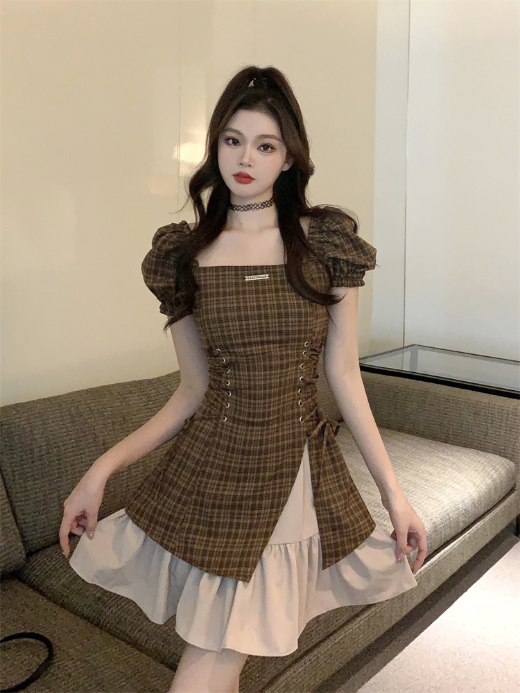 2025 Sweet Cool Plaid High Waist Bodycon Dress Short Sleeve Summer New