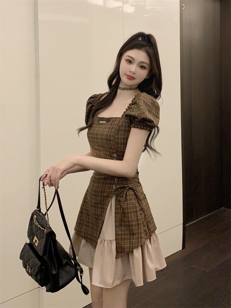 2025 Sweet Cool Plaid High Waist Bodycon Dress Short Sleeve Summer New