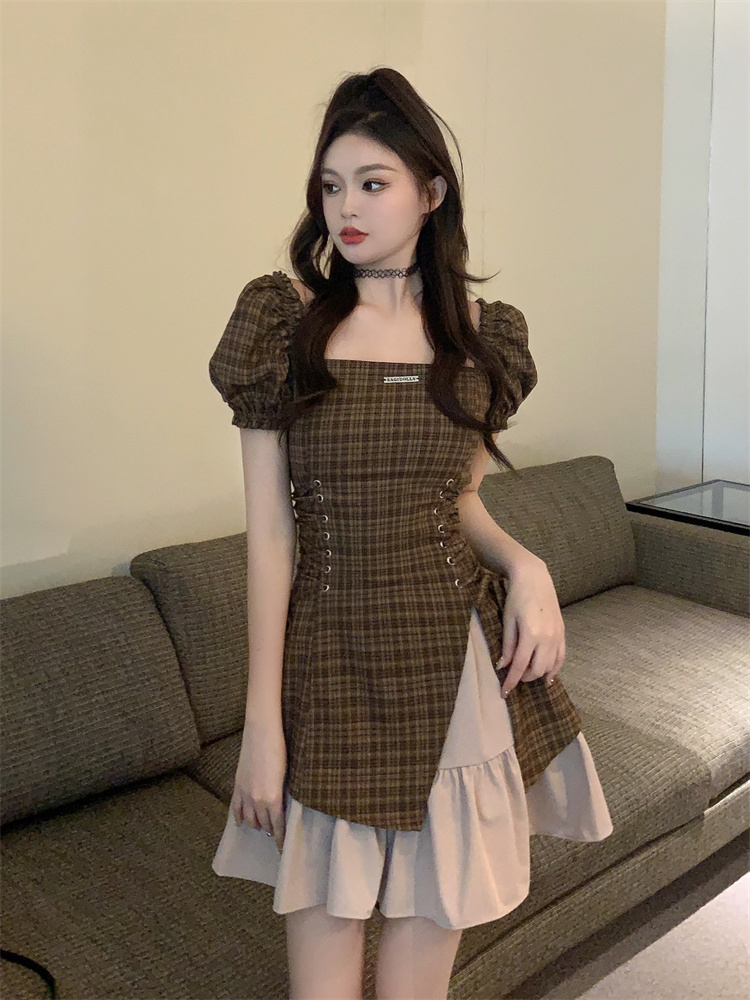 2025 Sweet Cool Plaid High Waist Bodycon Dress Short Sleeve Summer New