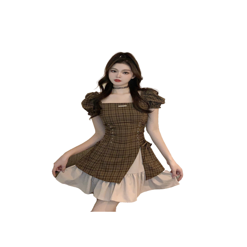 2025 Sweet Cool Plaid High Waist Bodycon Dress Short Sleeve Summer New