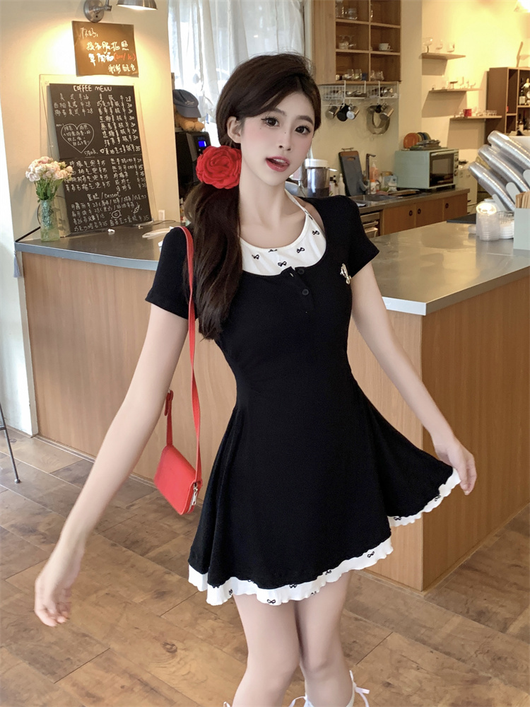 Women's Preppy JK Style Halter Short Dress with Cinched Waist and Slimming Fit