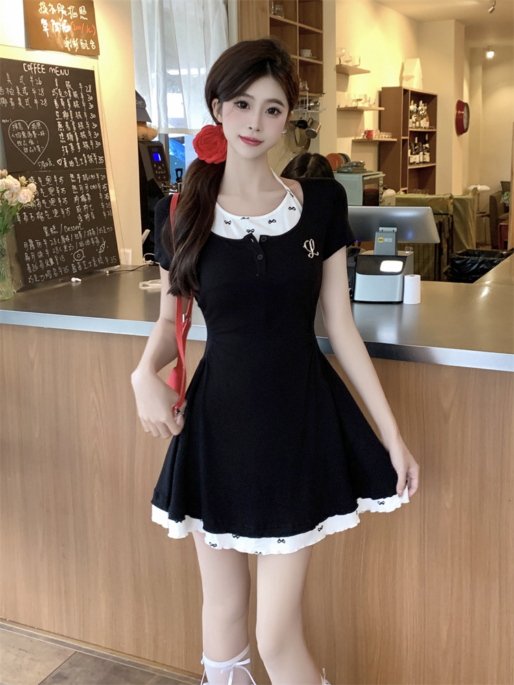 Women's Preppy JK Style Halter Short Dress with Cinched Waist and Slimming Fit