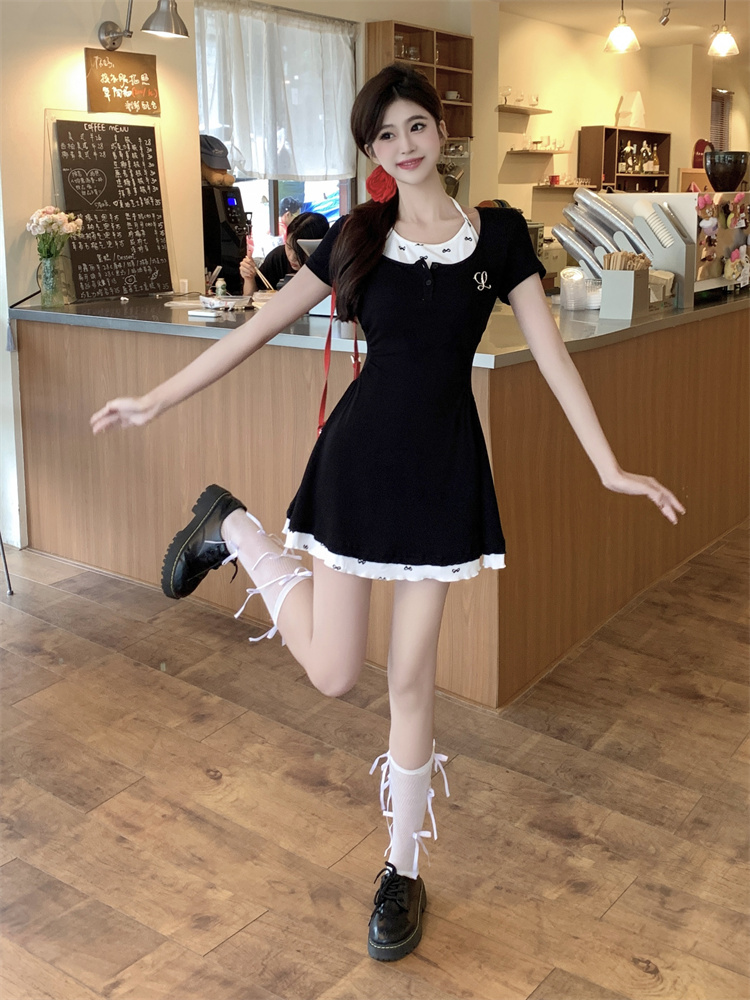 Women's Preppy JK Style Halter Short Dress with Cinched Waist and Slimming Fit