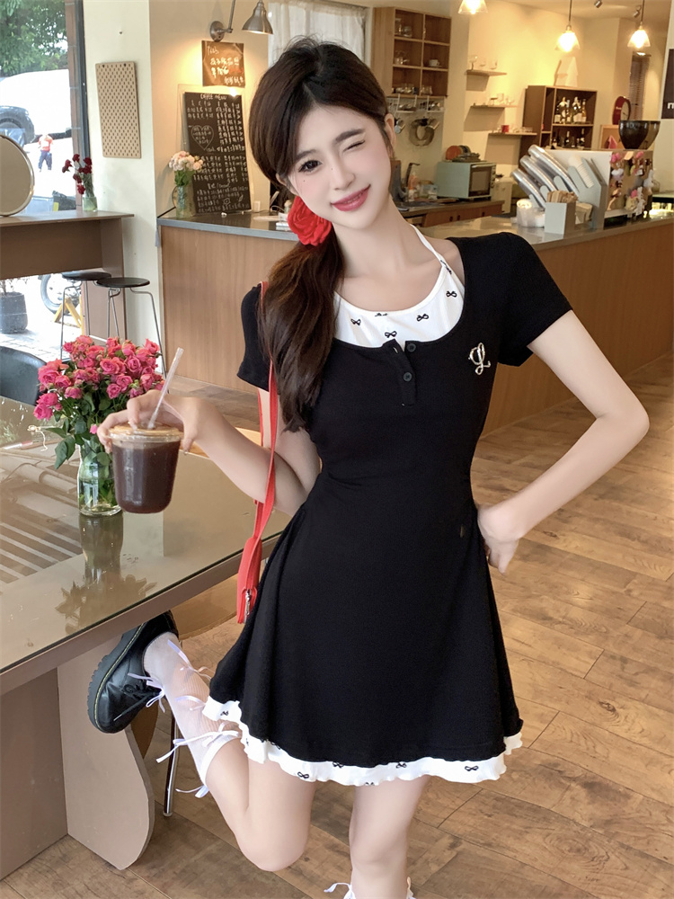 Women's Preppy JK Style Halter Short Dress with Cinched Waist and Slimming Fit