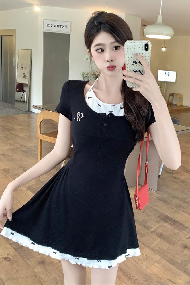 Women's Preppy JK Style Halter Short Dress with Cinched Waist and Slimming Fit