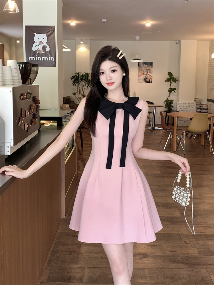 Pink Bow Halter Dress Women Summer French Waist A Line Sweet Mini Dress