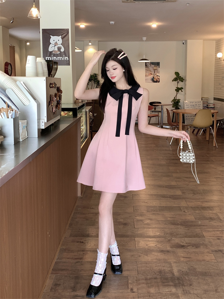 Pink Bow Halter Dress Women Summer French Waist A Line Sweet Mini Dress