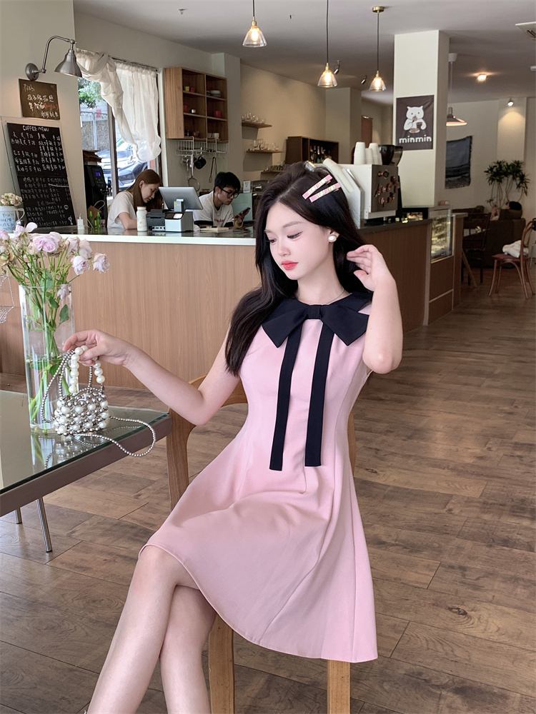 Pink Bow Halter Dress Women Summer French Waist A Line Sweet Mini Dress