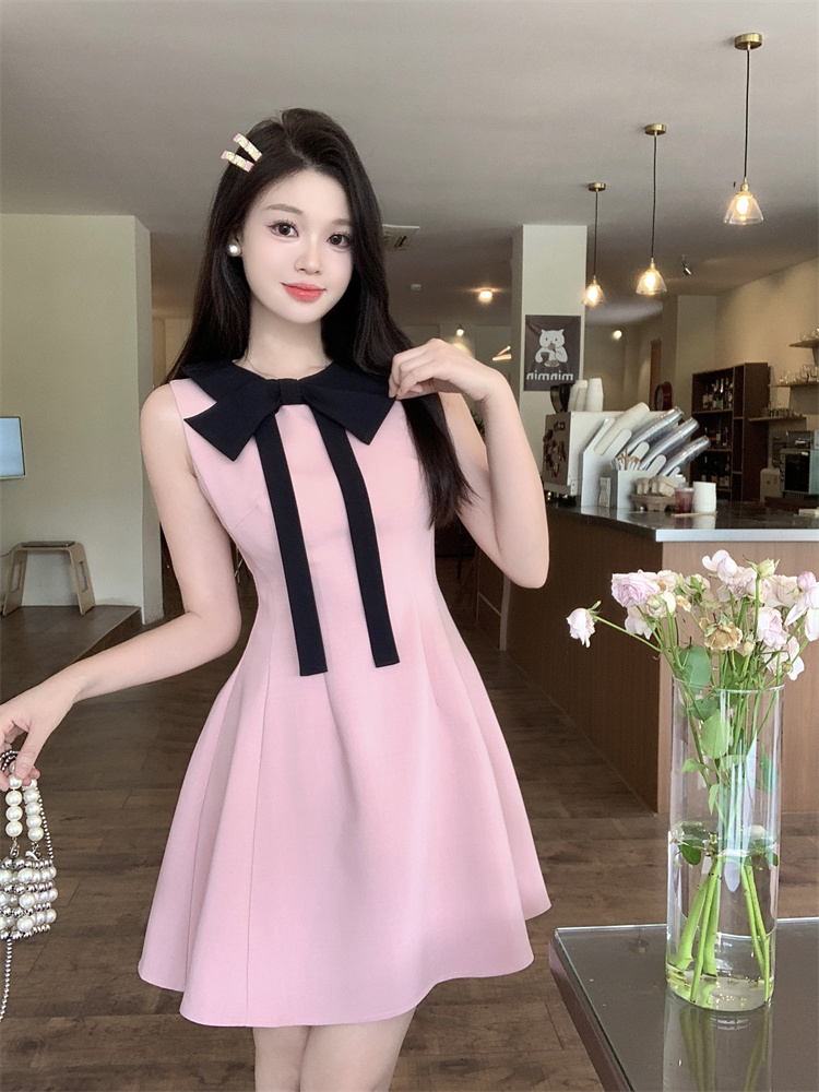 Pink Bow Halter Dress Women Summer French Waist A Line Sweet Mini Dress