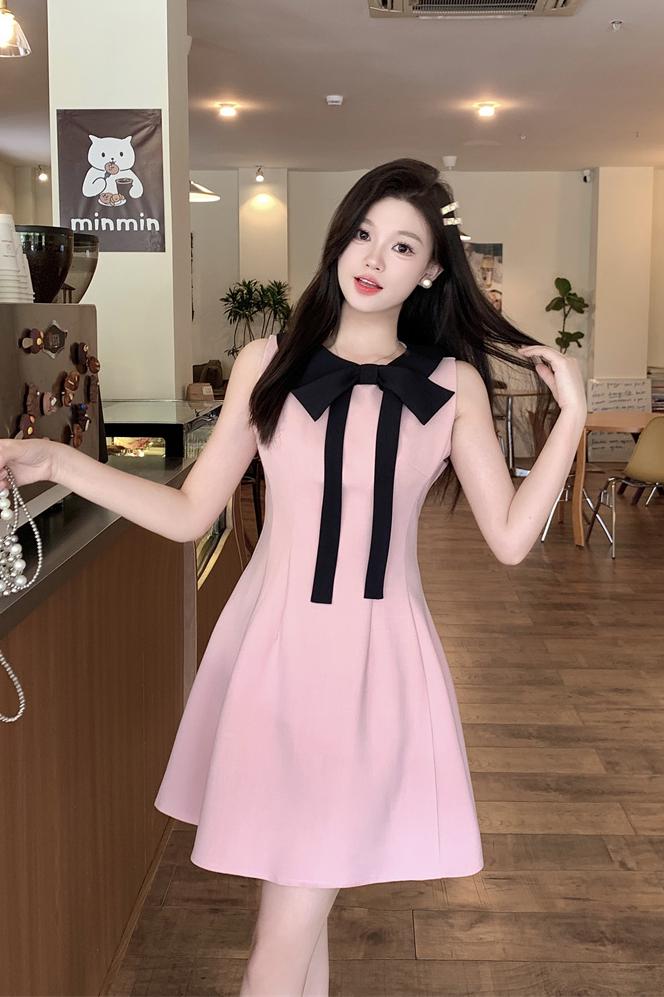 Pink Bow Halter Dress Women Summer French Waist A Line Sweet Mini Dress