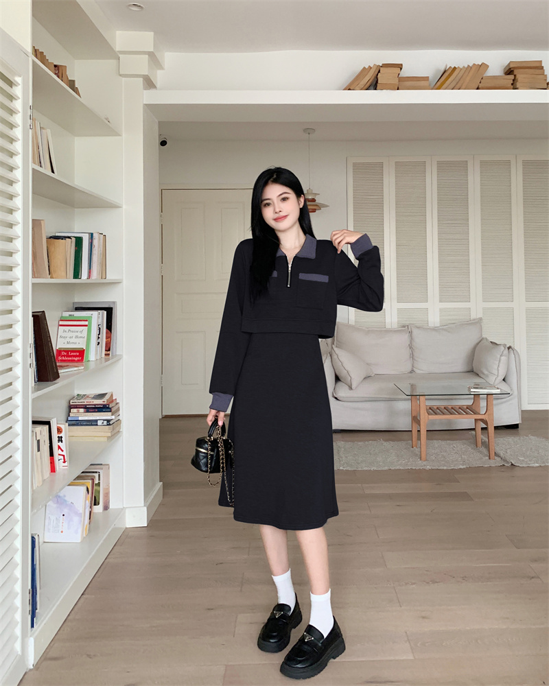 Plus Size Women's Color Block Collared Long Sleeve Dress with Pockets