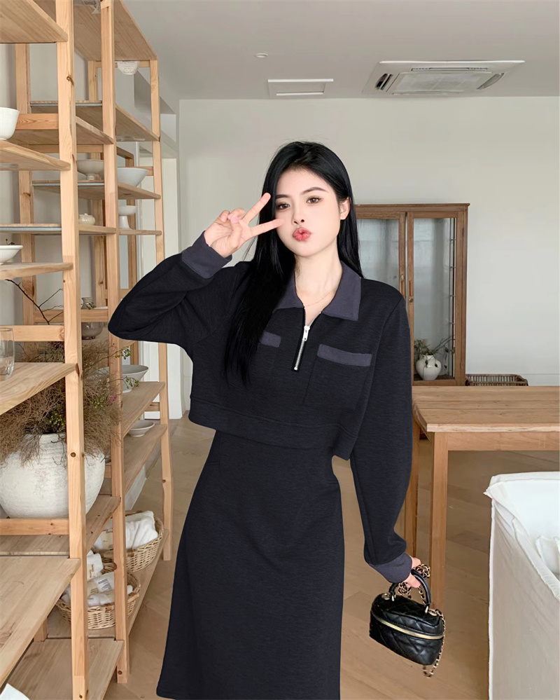 Plus Size Women's Color Block Collared Long Sleeve Dress with Pockets