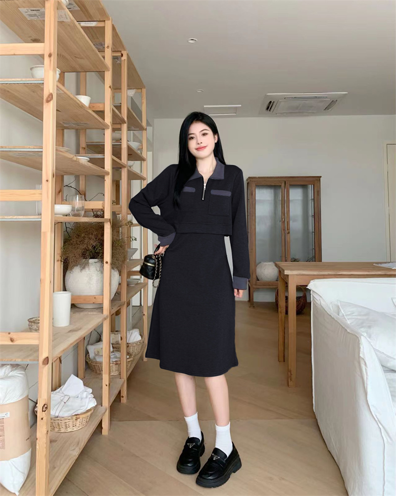 Plus Size Women's Color Block Collared Long Sleeve Dress with Pockets