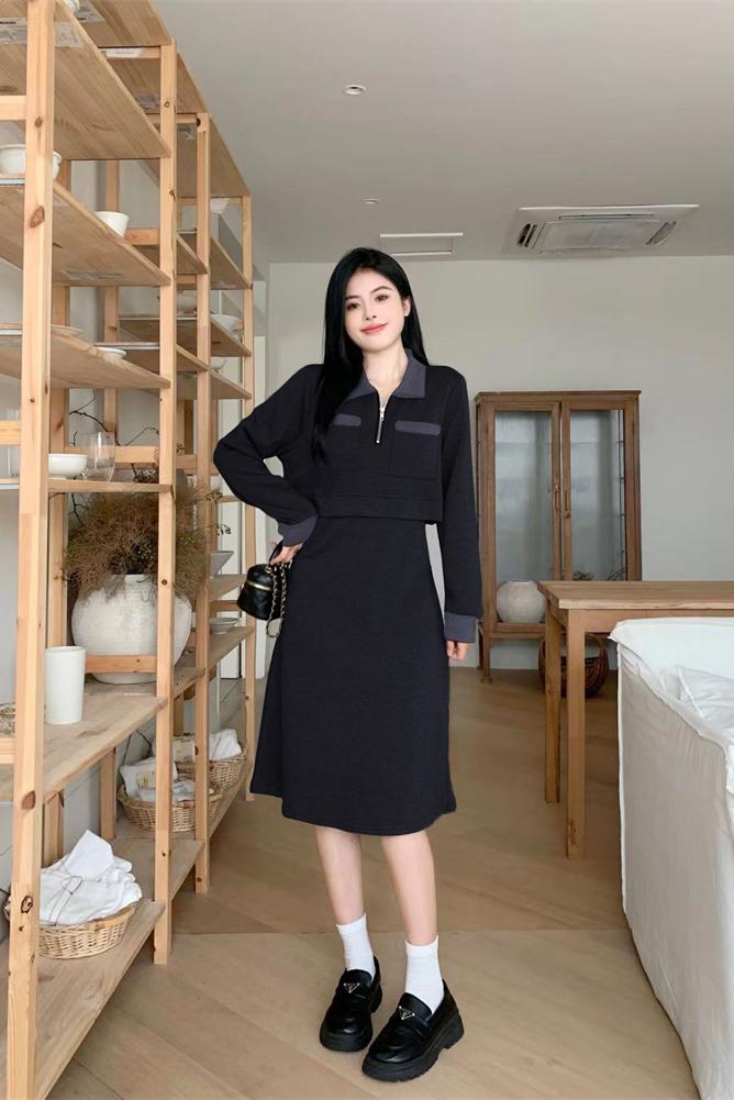 Plus Size Women's Color Block Collared Long Sleeve Dress with Pockets