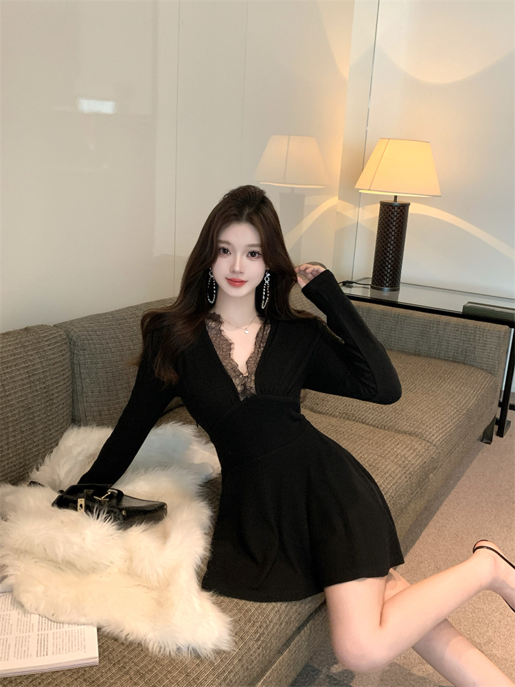 Lace Knit Dress for Women Solid Color Slimming Lady Style Short Dress