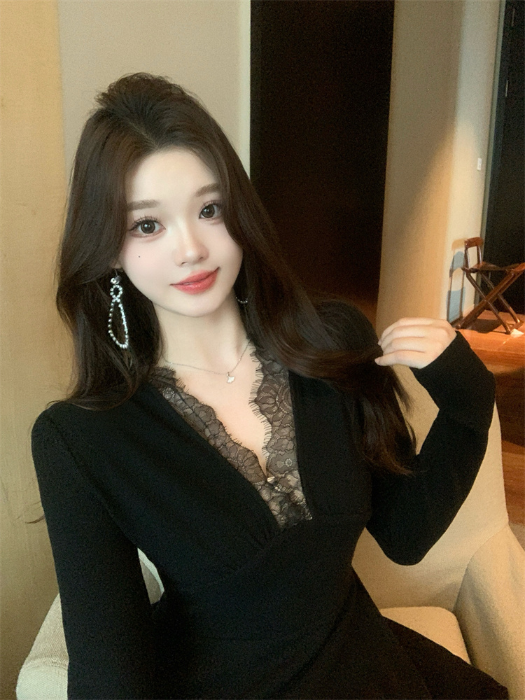 Lace Knit Dress for Women Solid Color Slimming Lady Style Short Dress