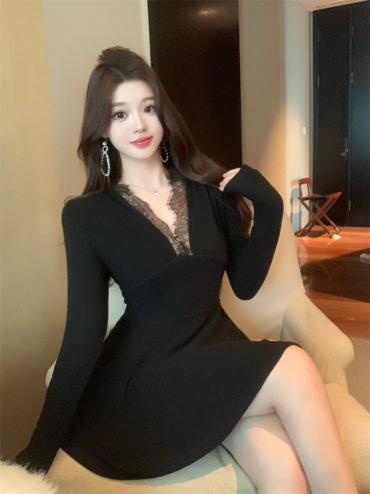 Lace Knit Dress for Women Solid Color Slimming Lady Style Short Dress