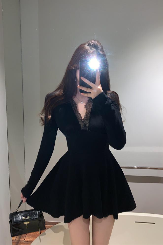 Lace Knit Dress for Women Solid Color Slimming Lady Style Short Dress