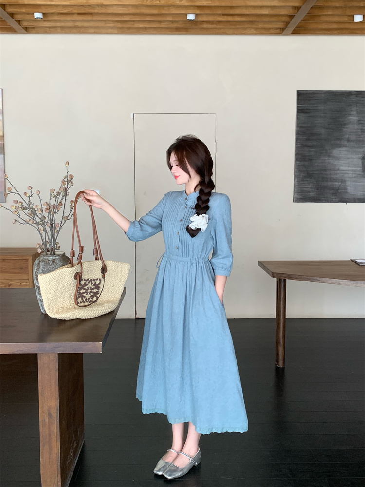 Pure Cotton Jacquard Midi Dress with Accordion Pleats Chinese Literary Style