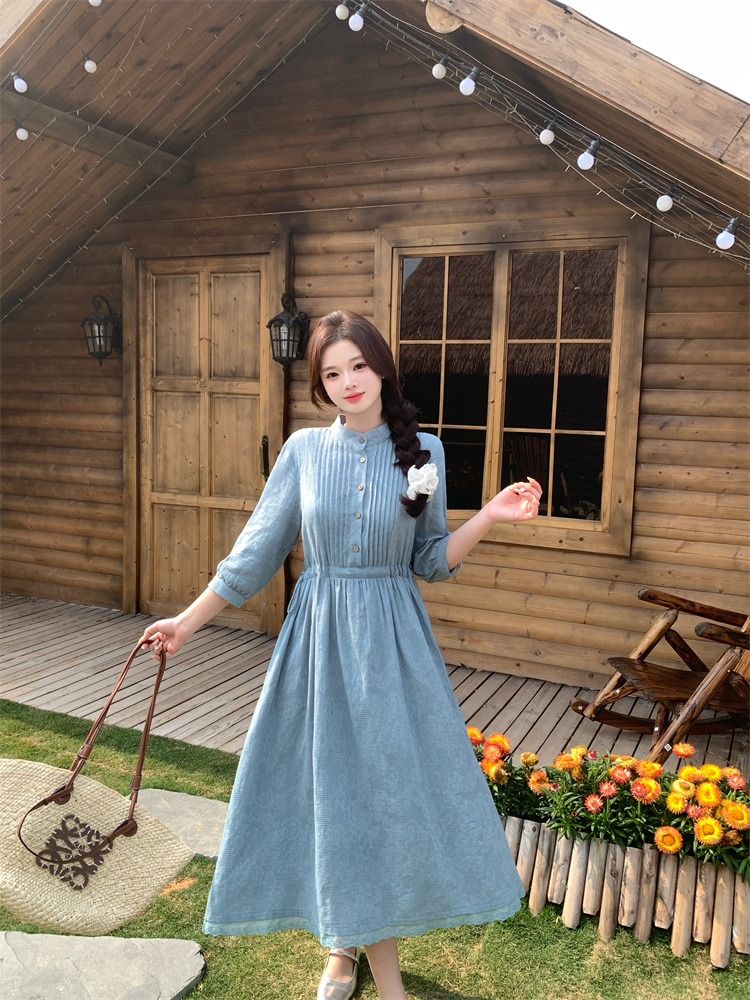 Pure Cotton Jacquard Midi Dress with Accordion Pleats Chinese Literary Style