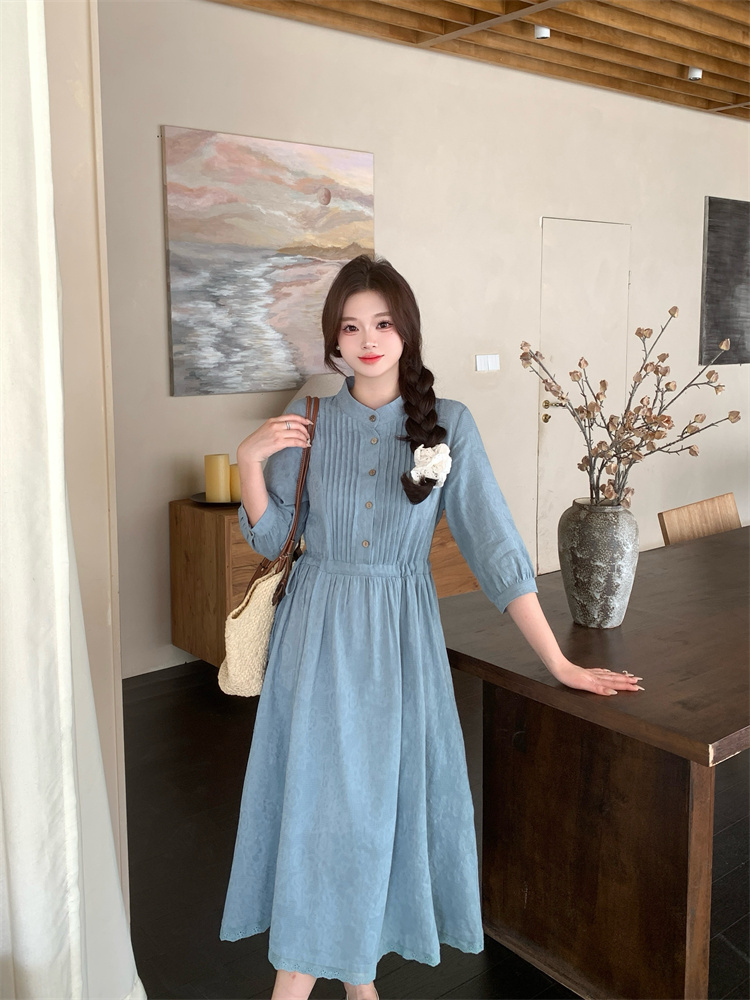 Pure Cotton Jacquard Midi Dress with Accordion Pleats Chinese Literary Style