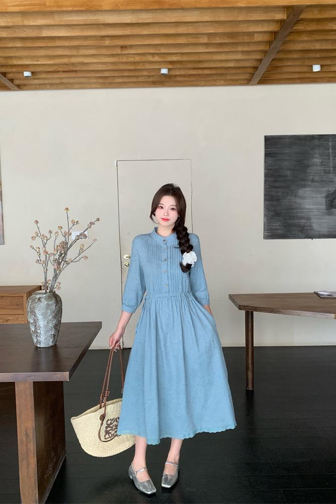 Pure Cotton Jacquard Midi Dress with Accordion Pleats Chinese Literary Style