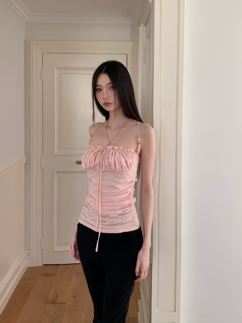 Light Pink Beaded Strap Lace Panel Acetate Camisole Top
