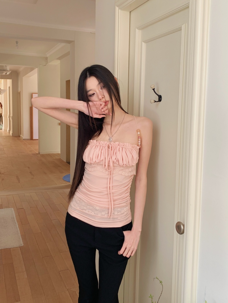 Light Pink Beaded Strap Lace Panel Acetate Camisole Top