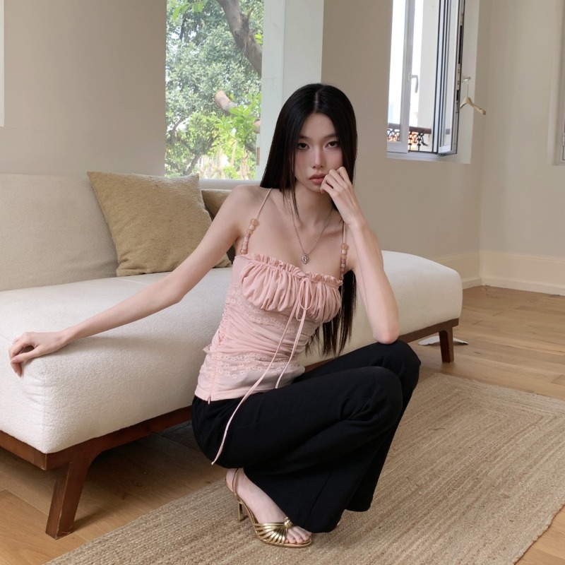 Light Pink Beaded Strap Lace Panel Acetate Camisole Top