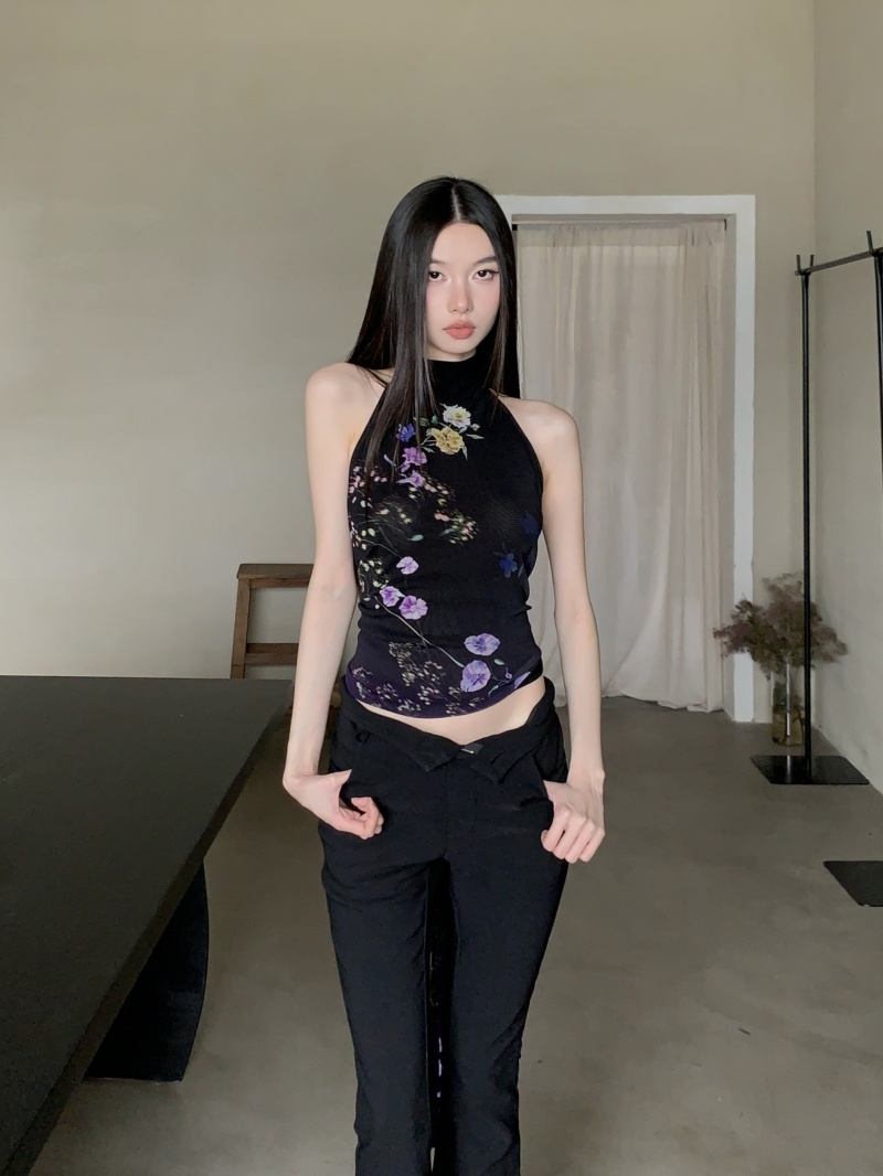 Gradient Floral Print Mesh Open Back Halter Top