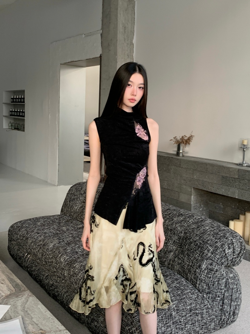 Women's Sleeveless Lace Print Vest New Chinese Style Slim Knit Top