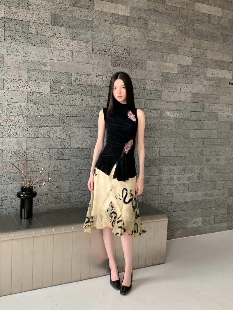 Women's Sleeveless Lace Print Vest New Chinese Style Slim Knit Top