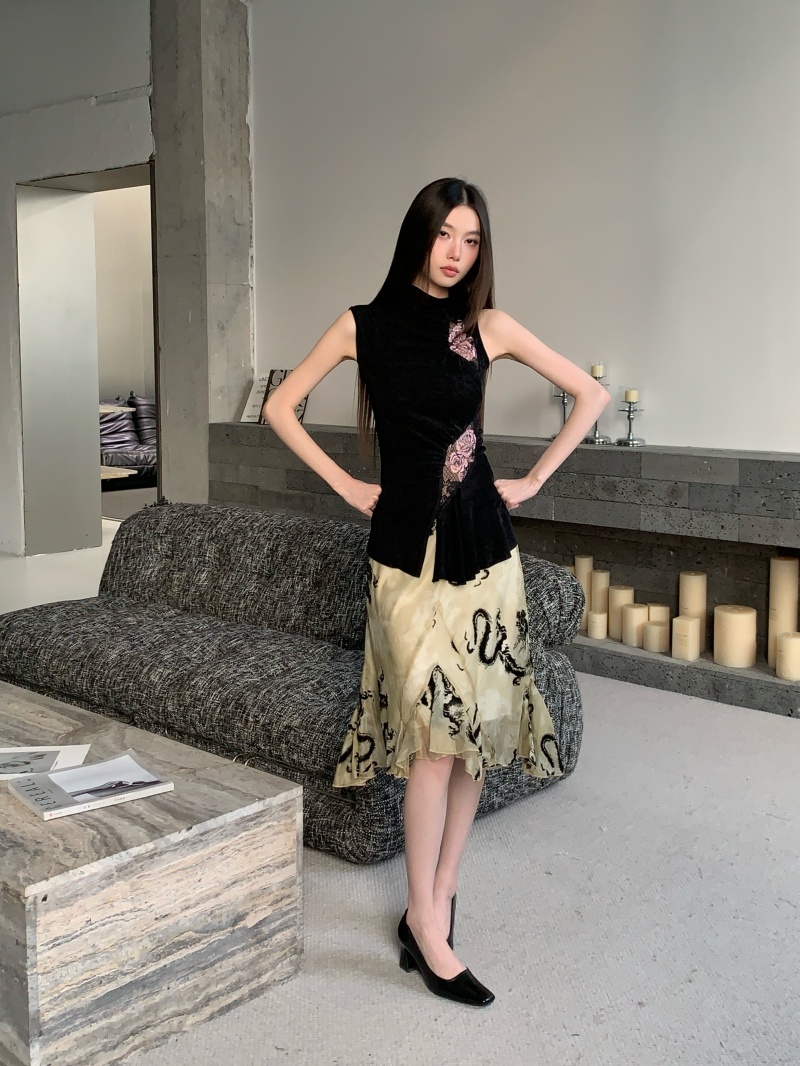 Women's Sleeveless Lace Print Vest New Chinese Style Slim Knit Top
