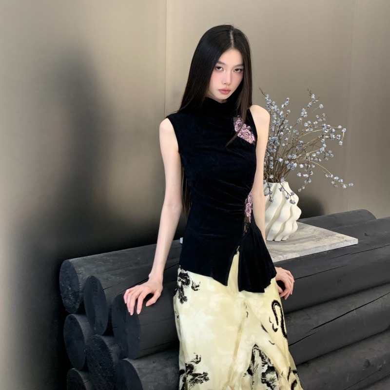 Women's Sleeveless Lace Print Vest New Chinese Style Slim Knit Top