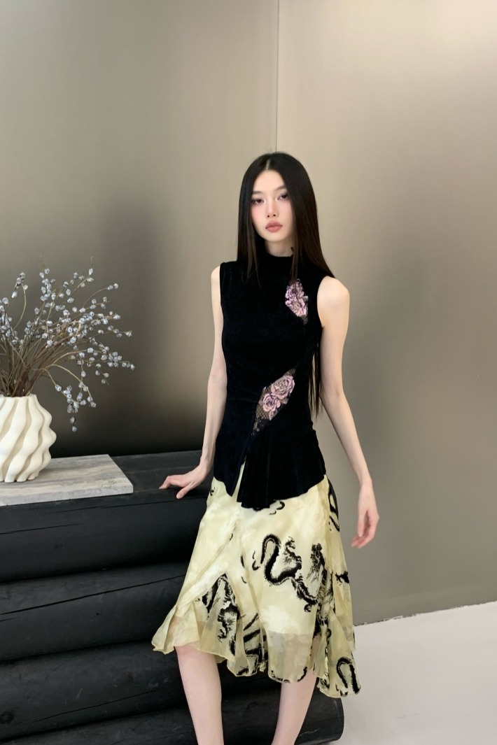 Women's Sleeveless Lace Print Vest New Chinese Style Slim Knit Top