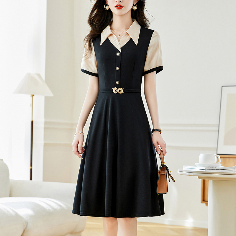 Plus Size Women's Color Block A-Line Midi Dress Short Sleeve Polo Neck Casual