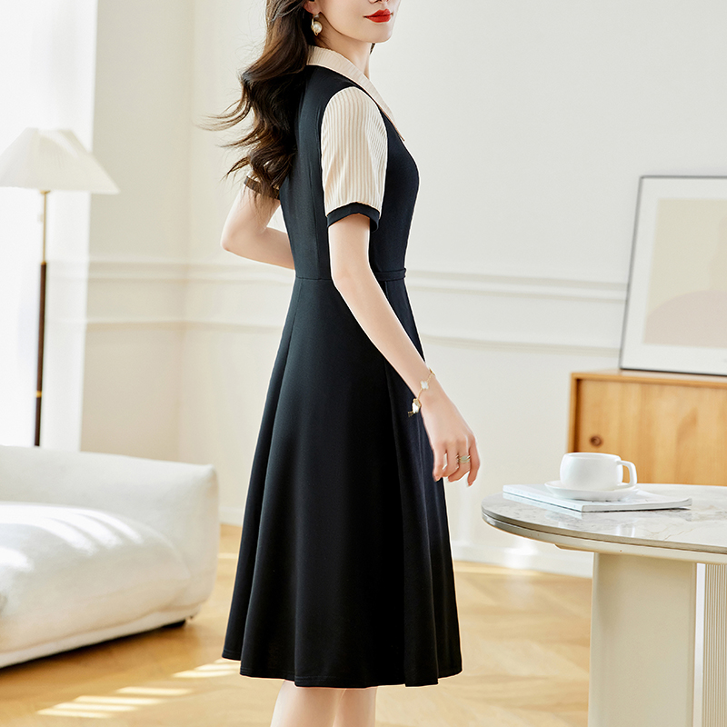 Plus Size Women's Color Block A-Line Midi Dress Short Sleeve Polo Neck Casual