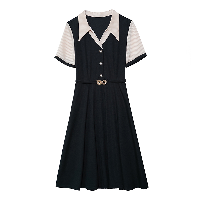 Plus Size Women's Color Block A-Line Midi Dress Short Sleeve Polo Neck Casual