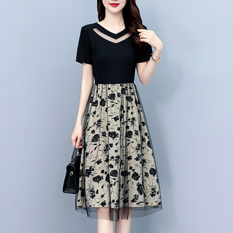 Plus Size Women's A-Line Midi Dress with Mesh Cutout Short Sleeve Summer