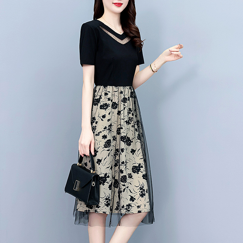 1773123708606_b3CJJc.jpg Plus Size Women's A-Line Midi Dress with Mesh Cutout Short Sleeve Summer