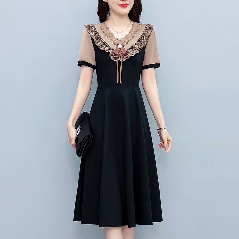 Summer New Elegant Faux Two-Piece Plus Size Women's Fashion Slim Fit Midi Short Sleeve Dress