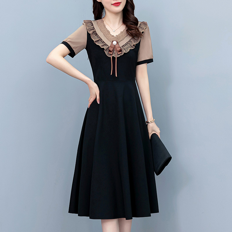 Summer New Elegant Faux Two-Piece Plus Size Women's Fashion Slim Fit Midi Short Sleeve Dress