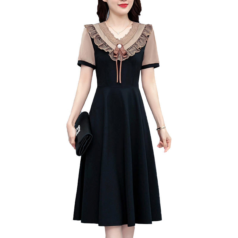 Summer New Elegant Faux Two-Piece Plus Size Women's Fashion Slim Fit Midi Short Sleeve Dress