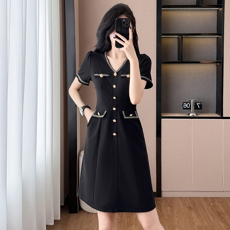 Summer New Style Fragrant Style Elegant Versatile Slimming Chic Light Luxury Waist-Cinching Dress Plus Size Women's Clothing Curvy Black