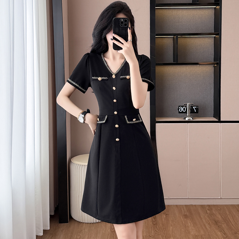 Summer New Style Fragrant Style Elegant Versatile Slimming Chic Light Luxury Waist-Cinching Dress Plus Size Women's Clothing Curvy Black