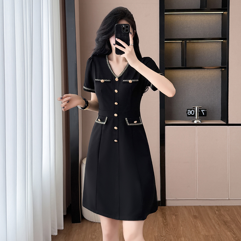 Summer New Style Fragrant Style Elegant Versatile Slimming Chic Light Luxury Waist-Cinching Dress Plus Size Women's Clothing Curvy Black
