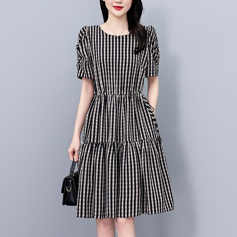 Plus Size Plaid Short Sleeve A-Line Midi Dress Summer 2026